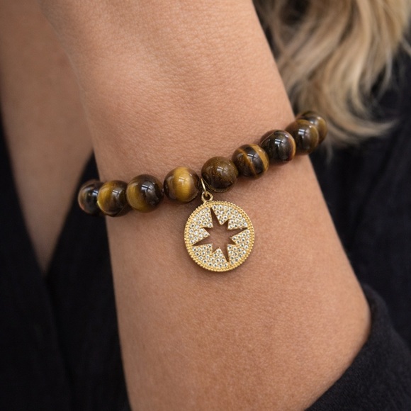 Handmade Tigers Eye Bracelet Gold Compass Charm Pavé One of a Kind Jewelry